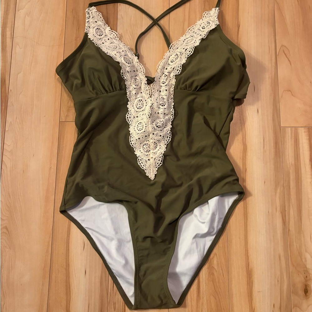 Source Unknown Olive One Piece with Cream Lace